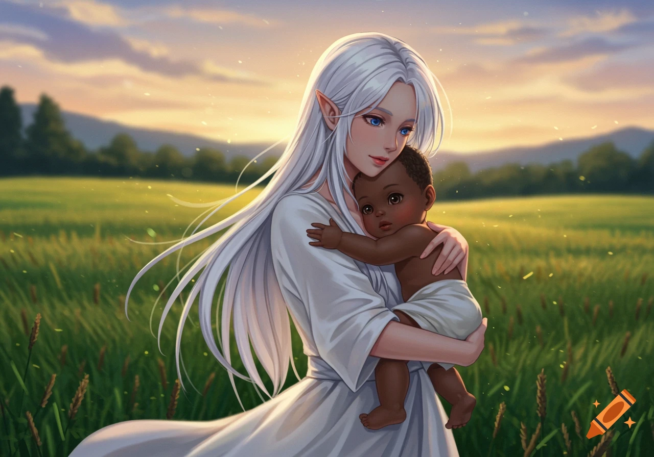 An anime woman with long white hair and elf ears holds a baby in a golden field at sunset.