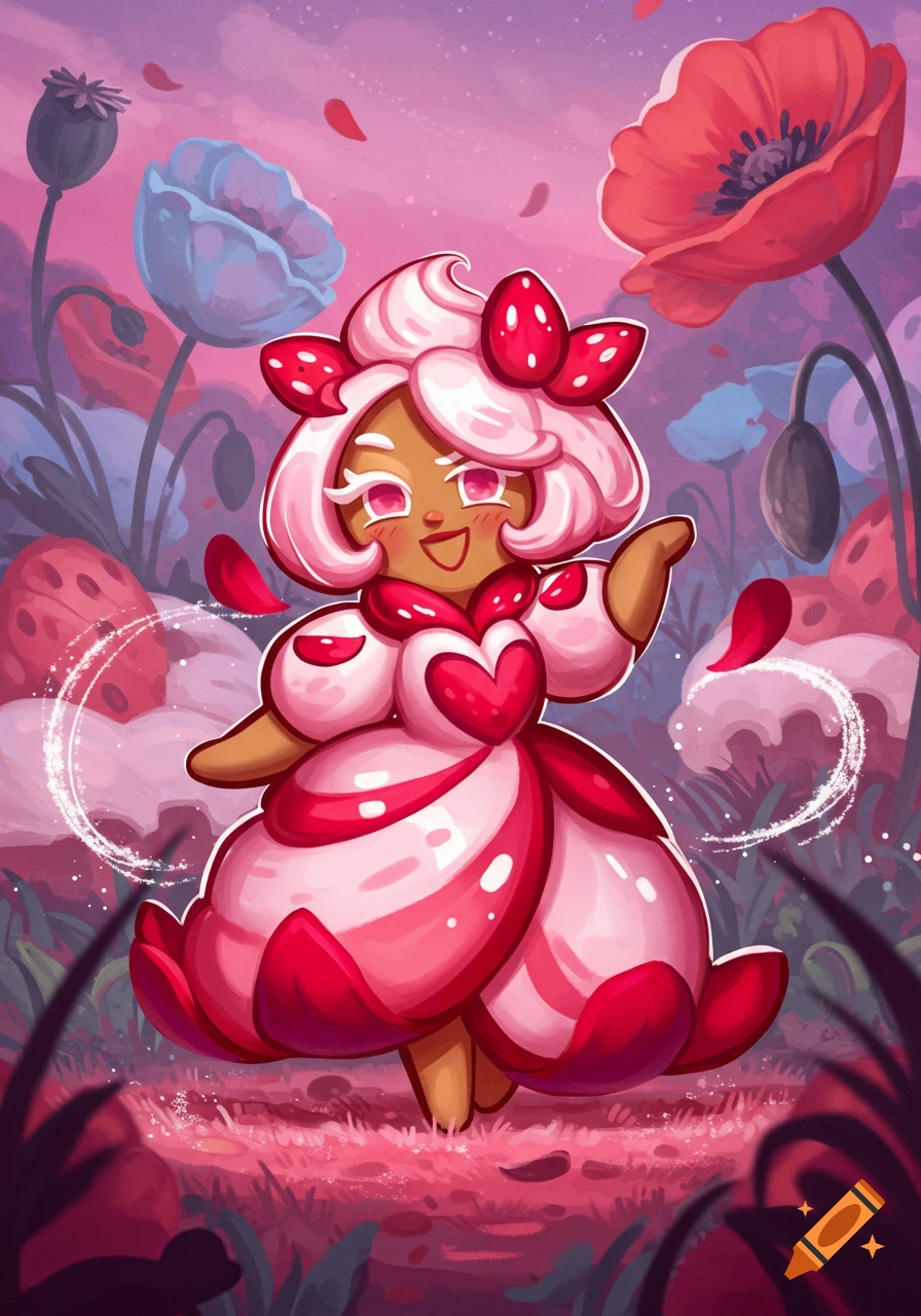 A cheerful strawberry-themed character from Cookie Run stands in a vibrant field of pink and blue poppies, waving.