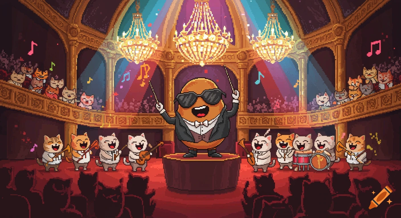 A pixel art cartoon of a potato in sunglasses directing a laughing cat orchestra in a grand theater.