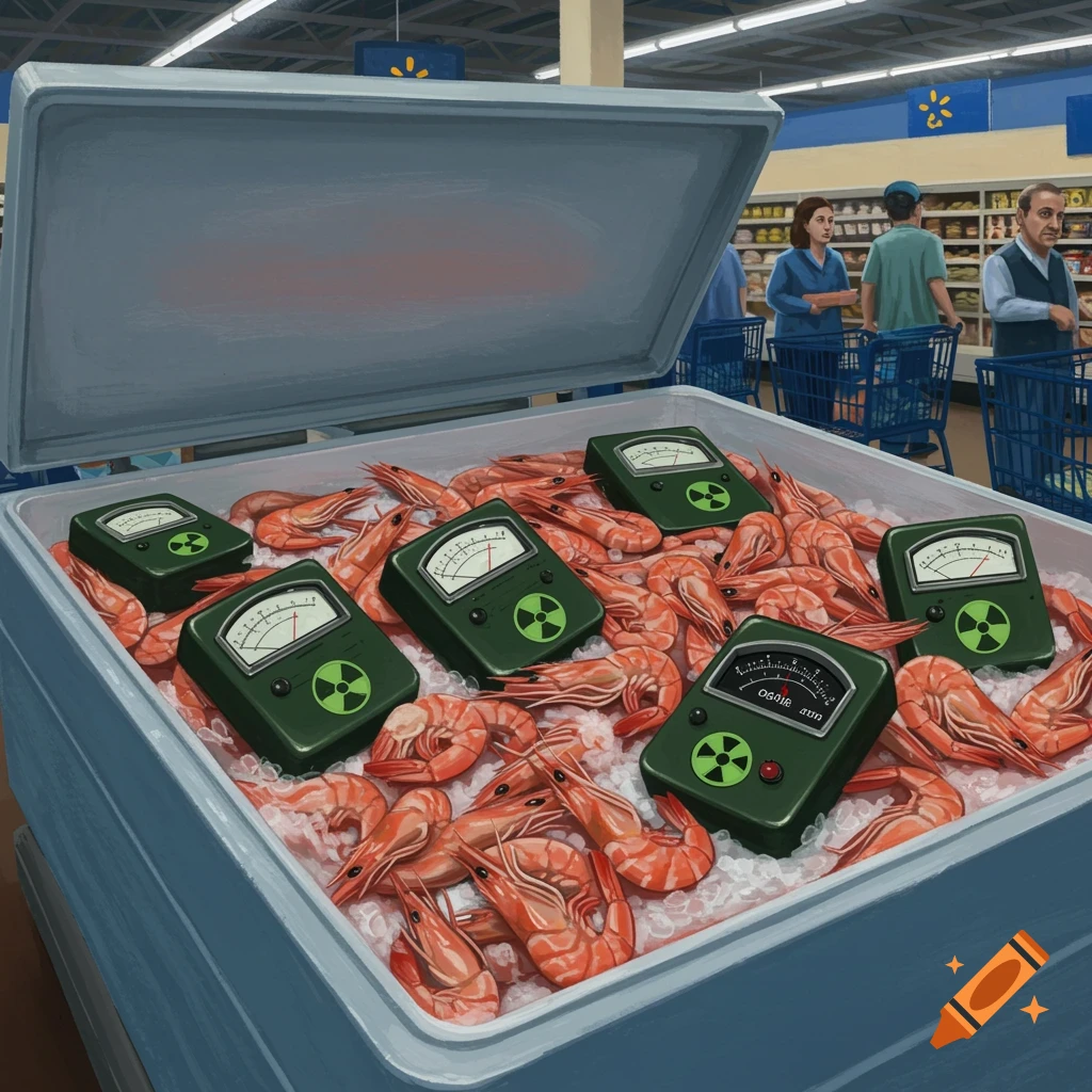A cooler full of shrimp on ice in a supermarket, with several Geiger counters showing readings placed among the shrimp.