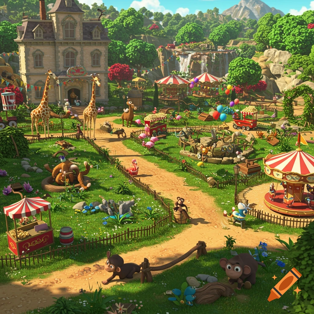 A vibrant 3D animation style zoo with a grand mansion, giraffes, monkeys, flamingos, and other animals, featuring carousels and amusement park elements under a bright sky.