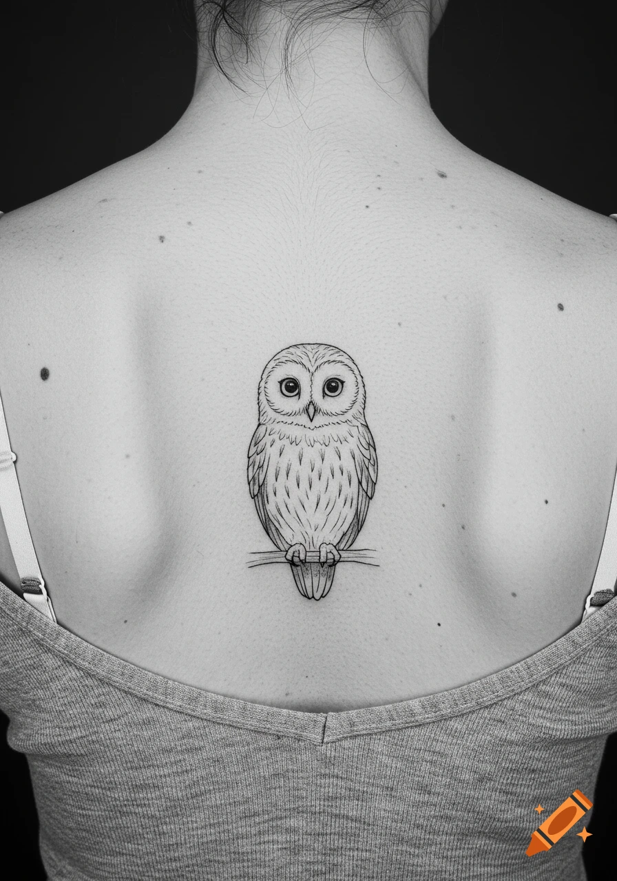 A black and white fineline tattoo of a small owl sitting on a branch on a person's upper back.