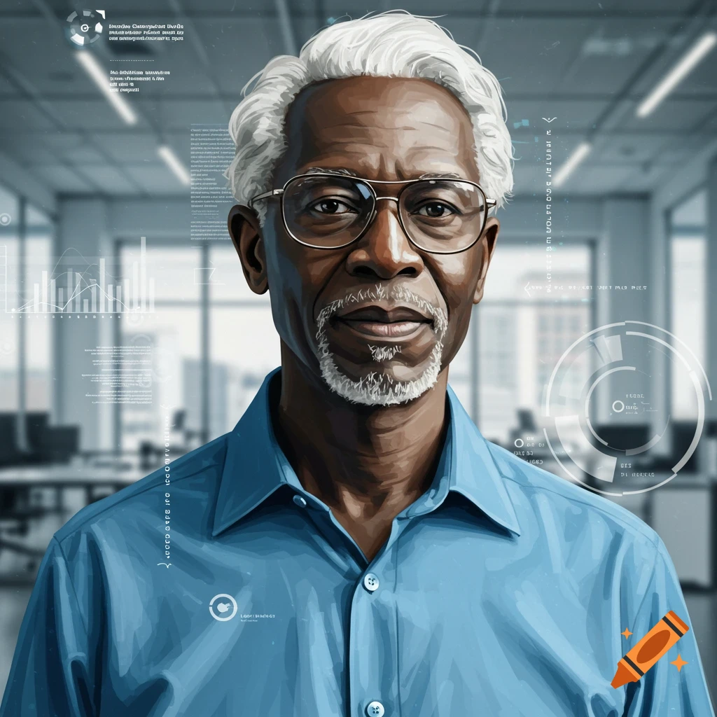 A distinguished man with white hair, beard, and glasses in a blue shirt, standing in a modern office with futuristic digital overlays.