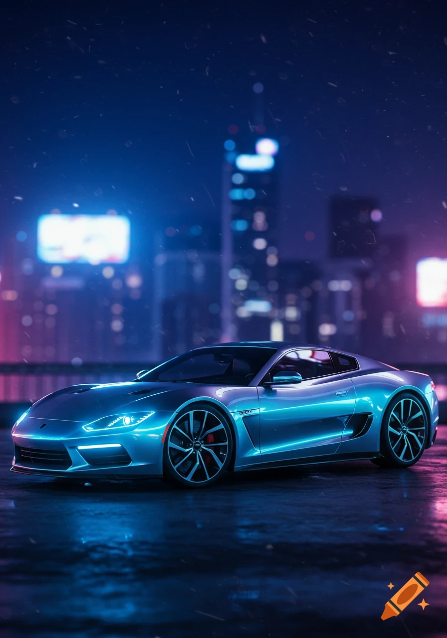 A sleek blue sports car parked on a wet street at night, with neon city lights reflecting in the background.