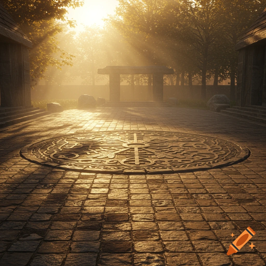 A sunlit stone courtyard with a large circular carved inlay in the center, surrounded by buildings and trees with golden light filtering through them.