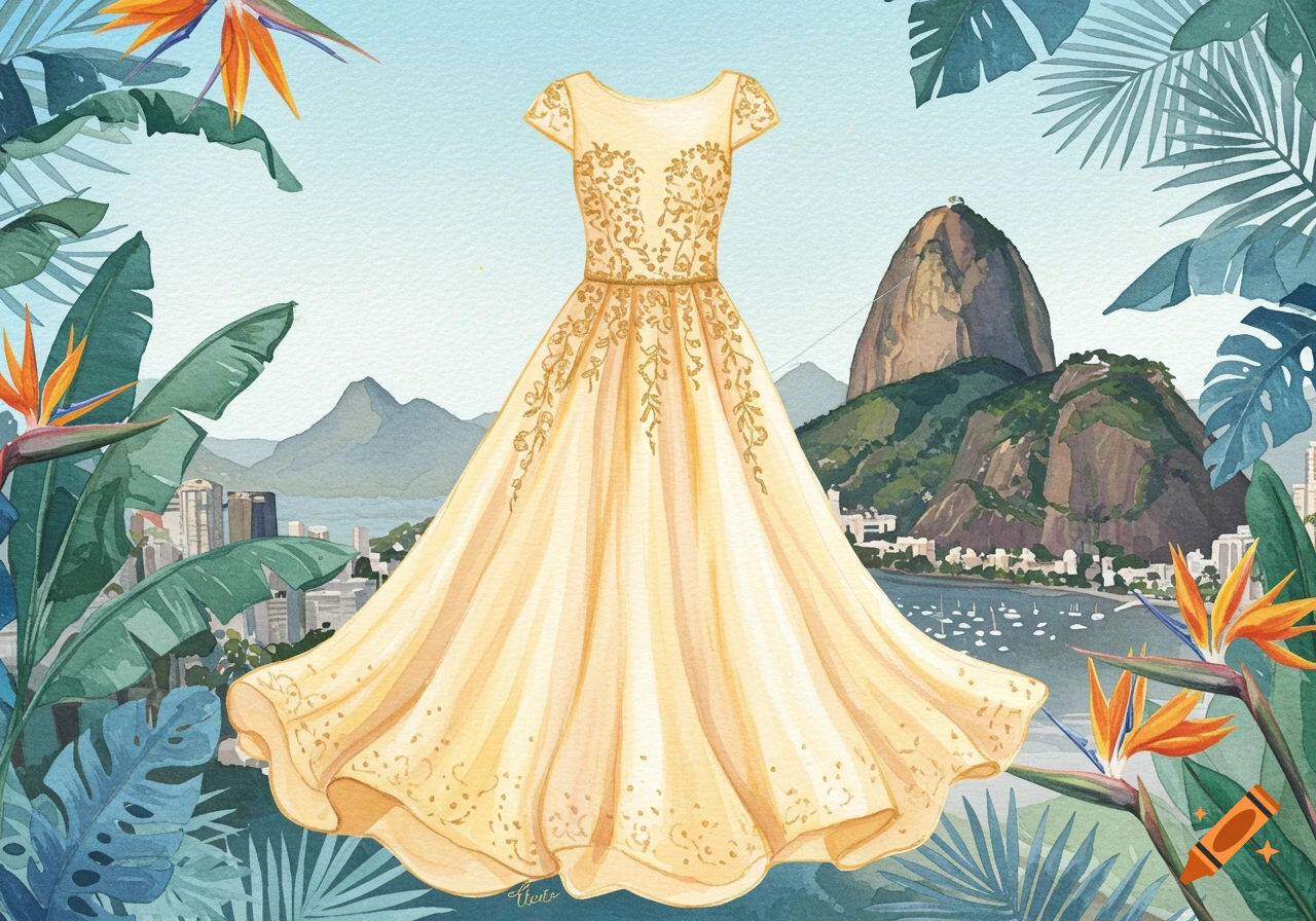 Watercolor illustration of a pale yellow dress with gold embroidery against a Rio de Janeiro cityscape and tropical foliage.