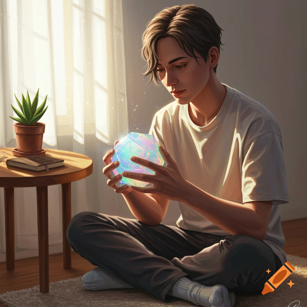 A young person sits on a rug, holding a glowing, colorful dodecahedron. Sunlight streams into the peaceful room, rendered in a digital art style.