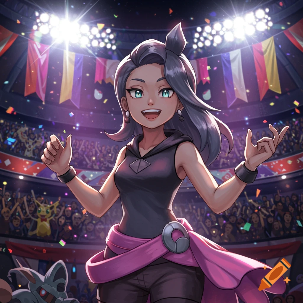 An anime-style young woman with grey hair and green eyes smiles in a crowded stadium with confetti falling and bright lights.