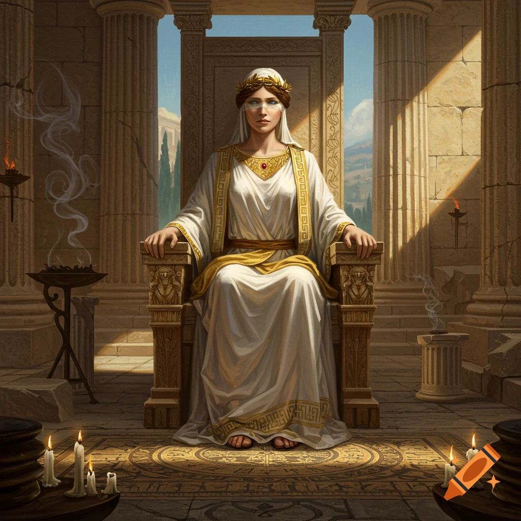 A woman in white robes sits on an ornate throne in a classical temple, bathed in light.