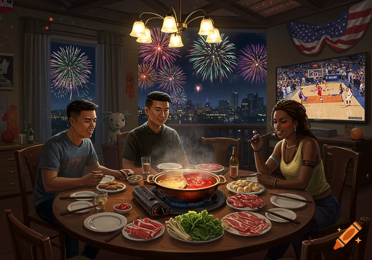 Three friends enjoy hotpot at a table, watching fireworks out the window and basketball on TV, with an American flag hanging nearby.