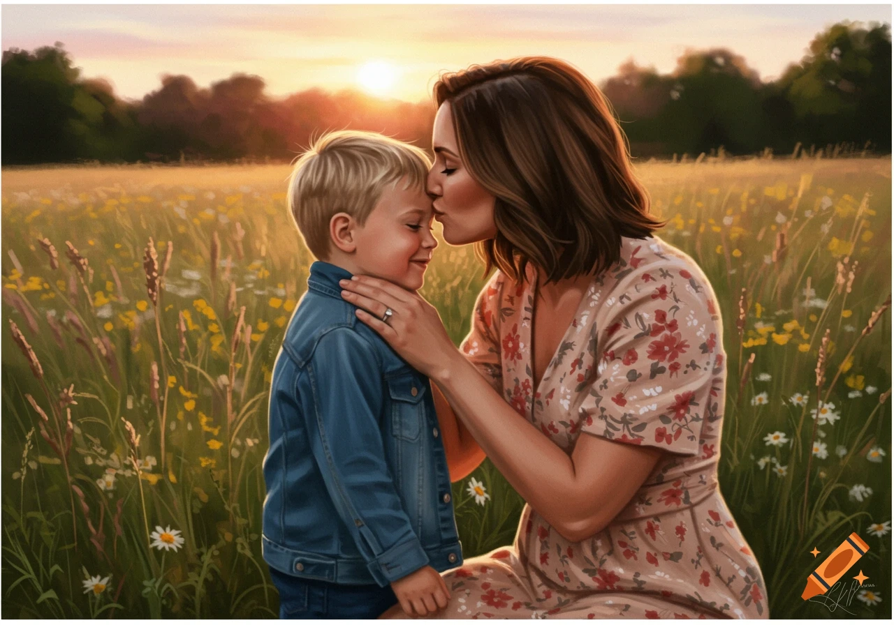 A mother kisses her son's forehead in a golden field at sunset. Digital painting style.