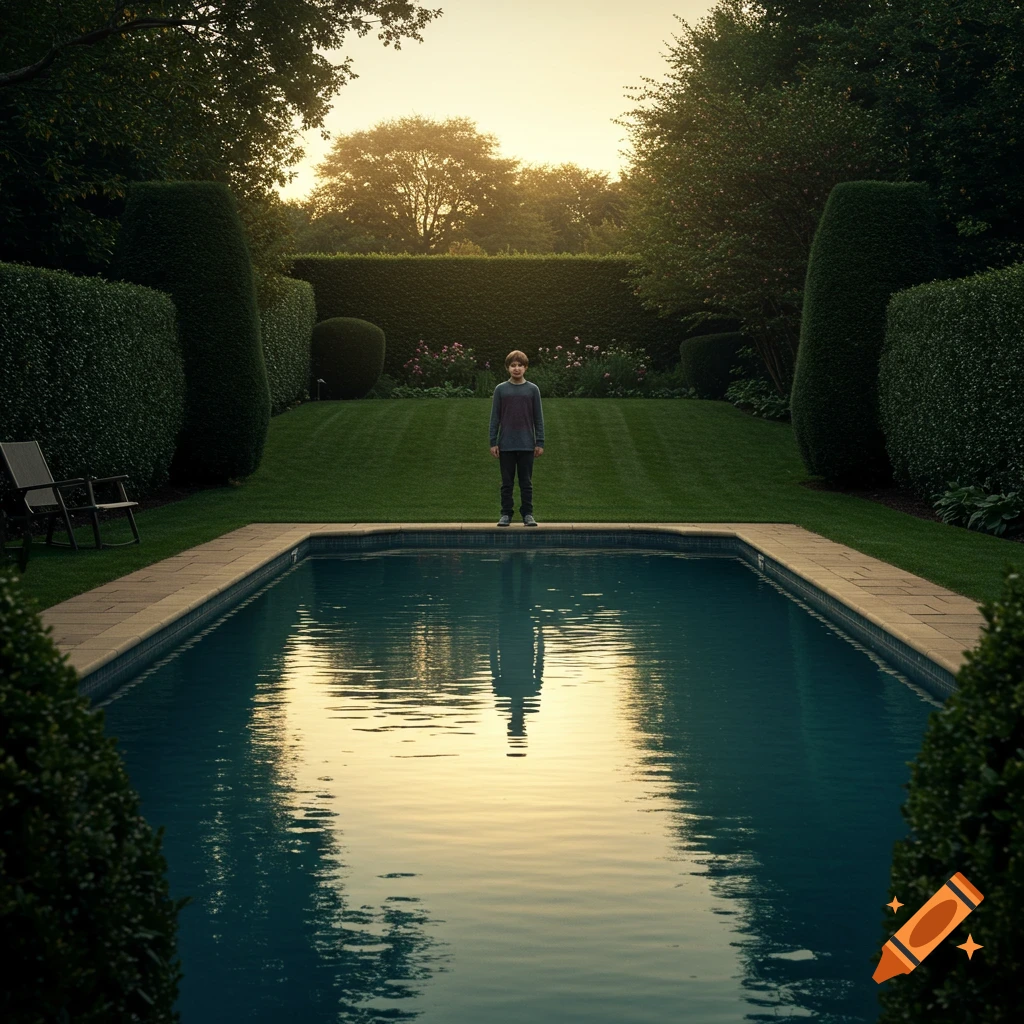 A teenage boy stands at the edge of a large swimming pool in a lush backyard garden at sunset.