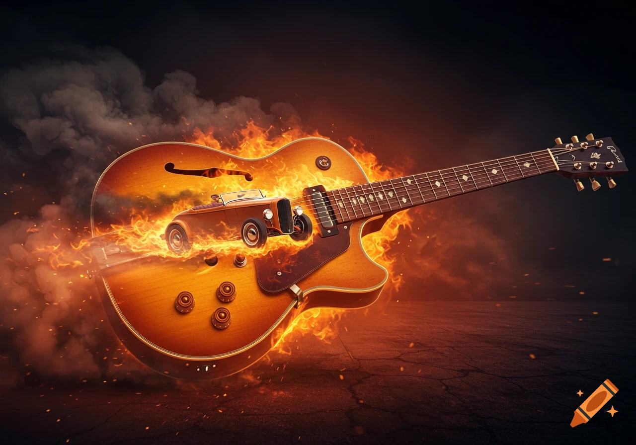 A fiery orange archtop guitar with a vintage hot rod emerging from its soundhole, surrounded by smoke and embers.