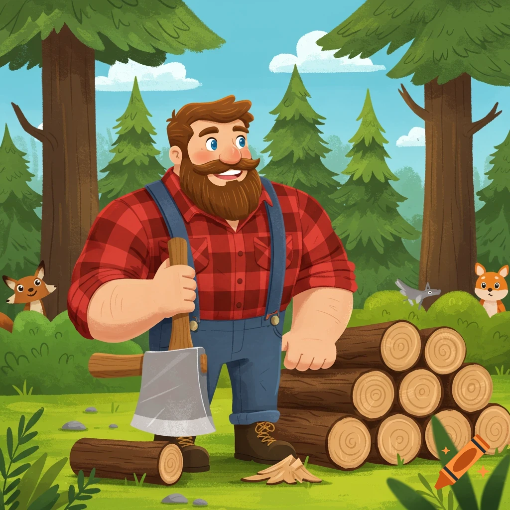 A happy cartoon lumberjack with a beard and plaid shirt holds an axe next to cut logs in a forest, with small animals peeking.
