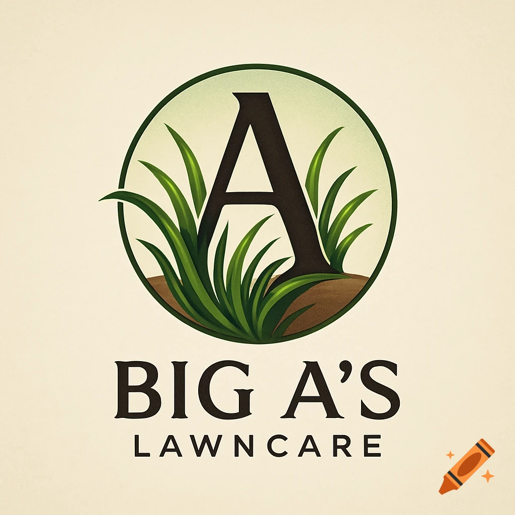 A logo for Big A's Lawncare, featuring a dark letter A surrounded by green grass within a circular emblem, with text below.