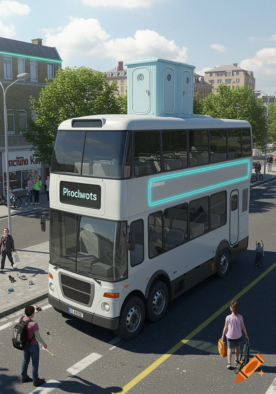 A white double-decker bus with portable toilets on its roof drives down a city street on a sunny day.