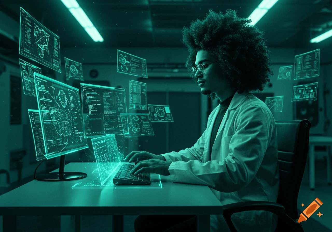 A person with curly hair and glasses in a lab coat typing at a glowing keyboard surrounded by holographic screens displaying data.