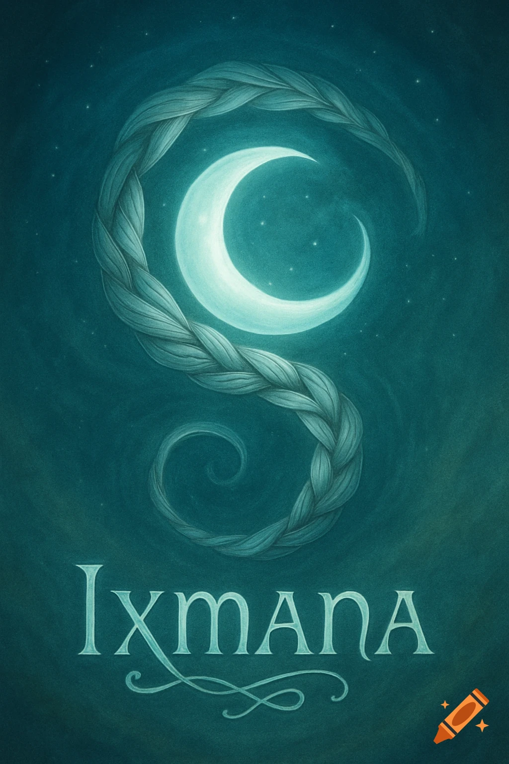 A glowing crescent moon intertwined with a teal braided spiral, with the word 'Ixmana' below. Painterly style.