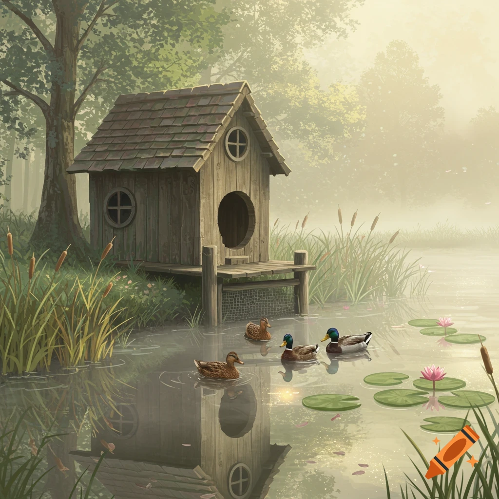 A rustic wooden duck house stands by a tranquil, misty pond with several mallard ducks swimming among pink water lilies.