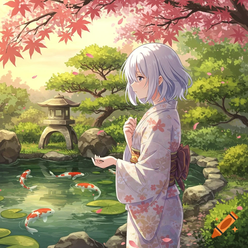 An anime girl in a kimono stands by a koi pond in a lush Japanese garden with red maple leaves and a stone lantern.