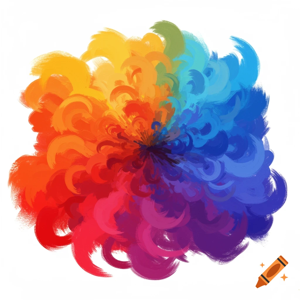 A vibrant abstract painting with a central burst of colorful, swirling brushstrokes in a rainbow gradient on a white background.