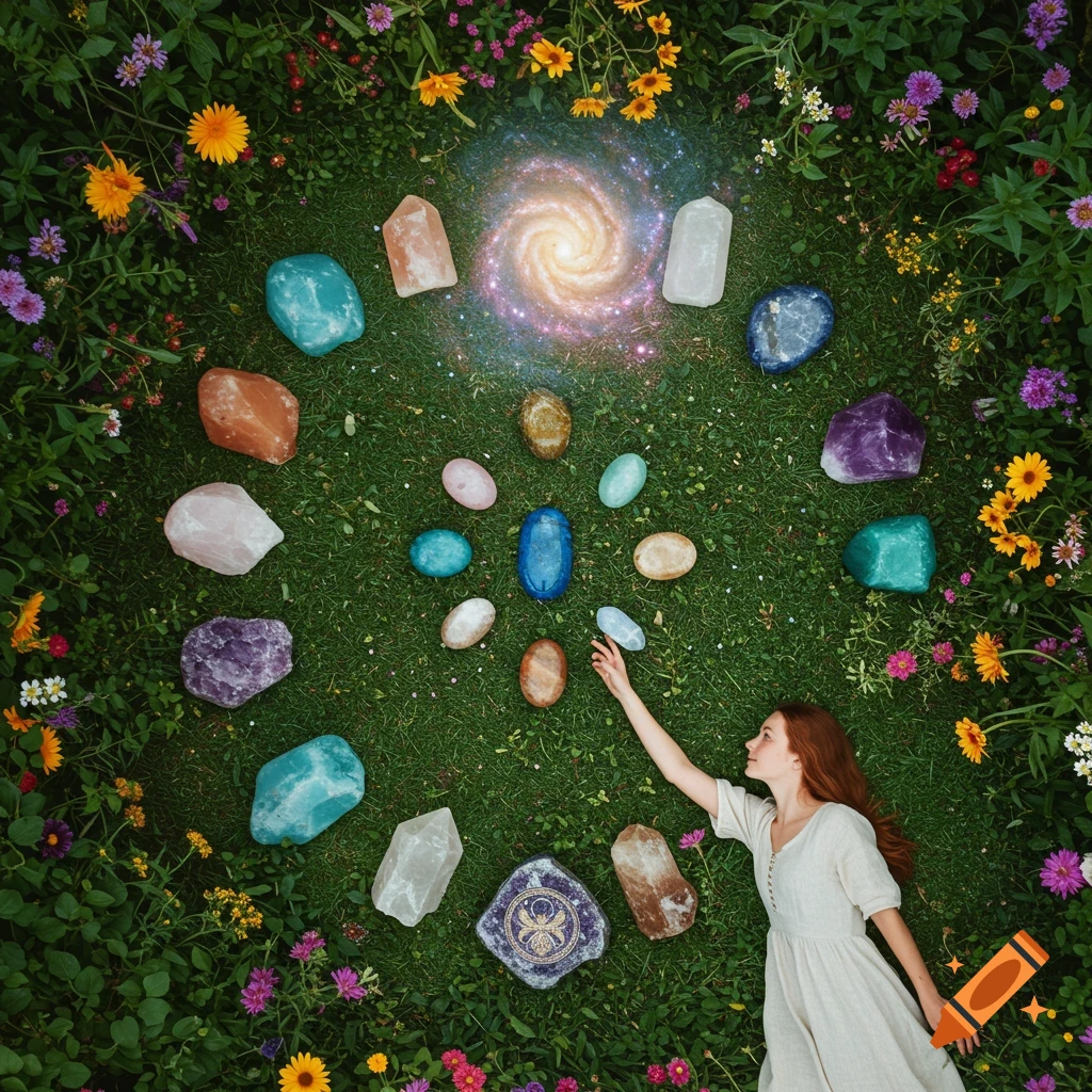 Overhead view of a woman on grass reaching for a crystal, surrounded by colorful crystals, a spiral galaxy, and wildflowers.