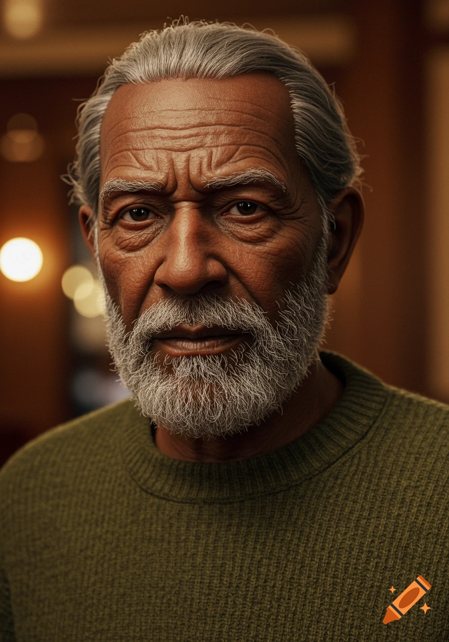 Close-up photorealistic portrait of an elderly man with grey hair and beard, wearing a green sweater.