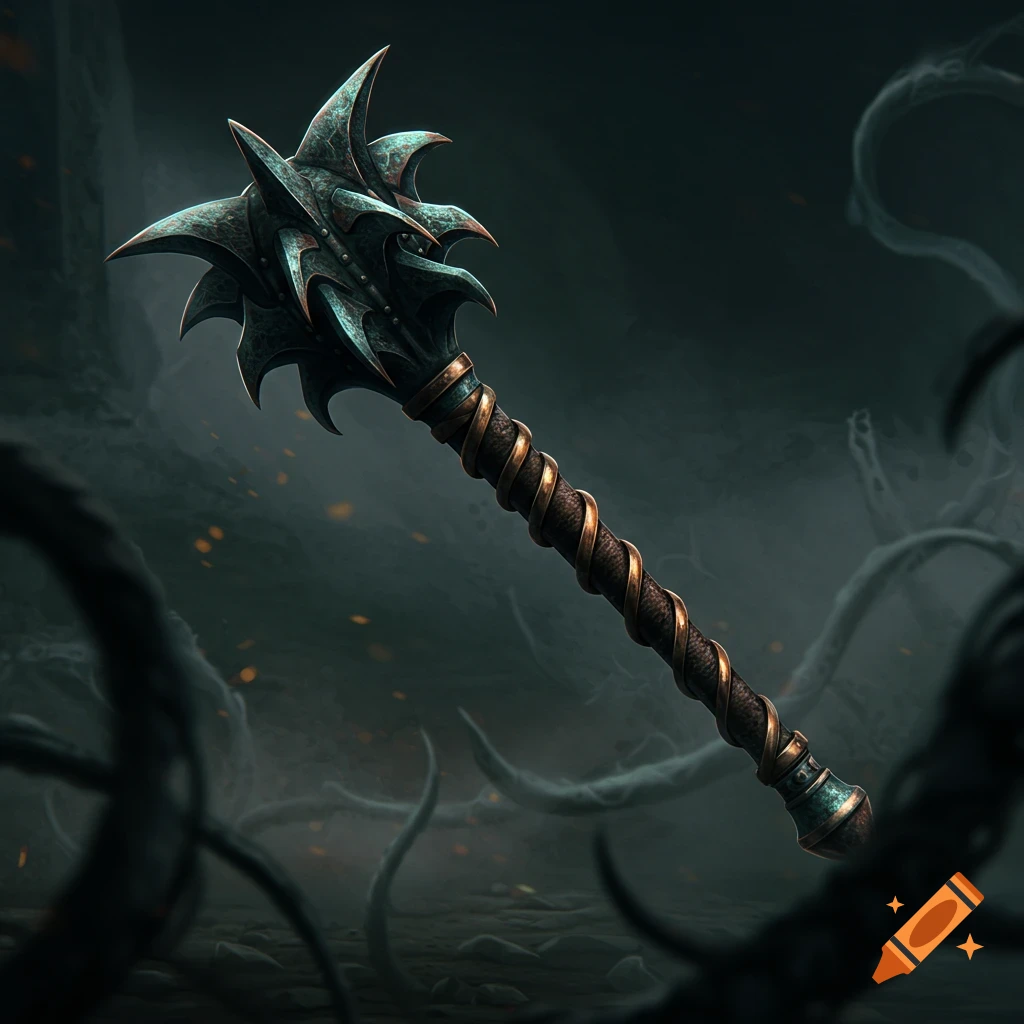 A dark fantasy mace with serpent fang-shaped flanges, a greenish patina, and coil-etched scales on its haft, set against a murky, tendrilled background.