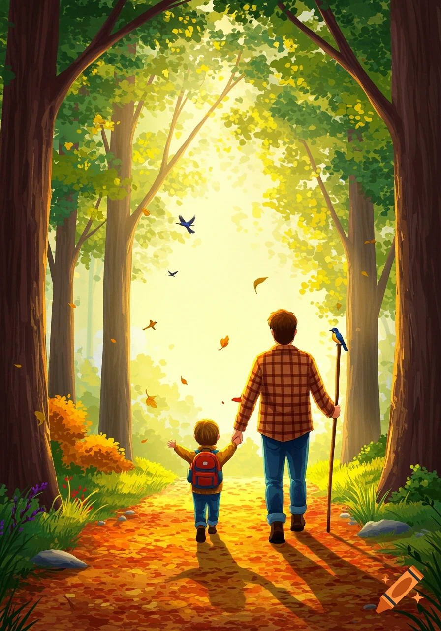 An illustration of a father and son walking hand-in-hand down a sunlit path through an autumnal forest, with leaves falling.