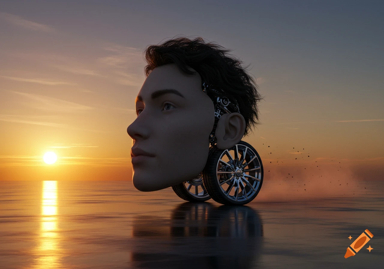 A surrealistic image of a human head with car wheels instead of a body, driving on water at sunset.