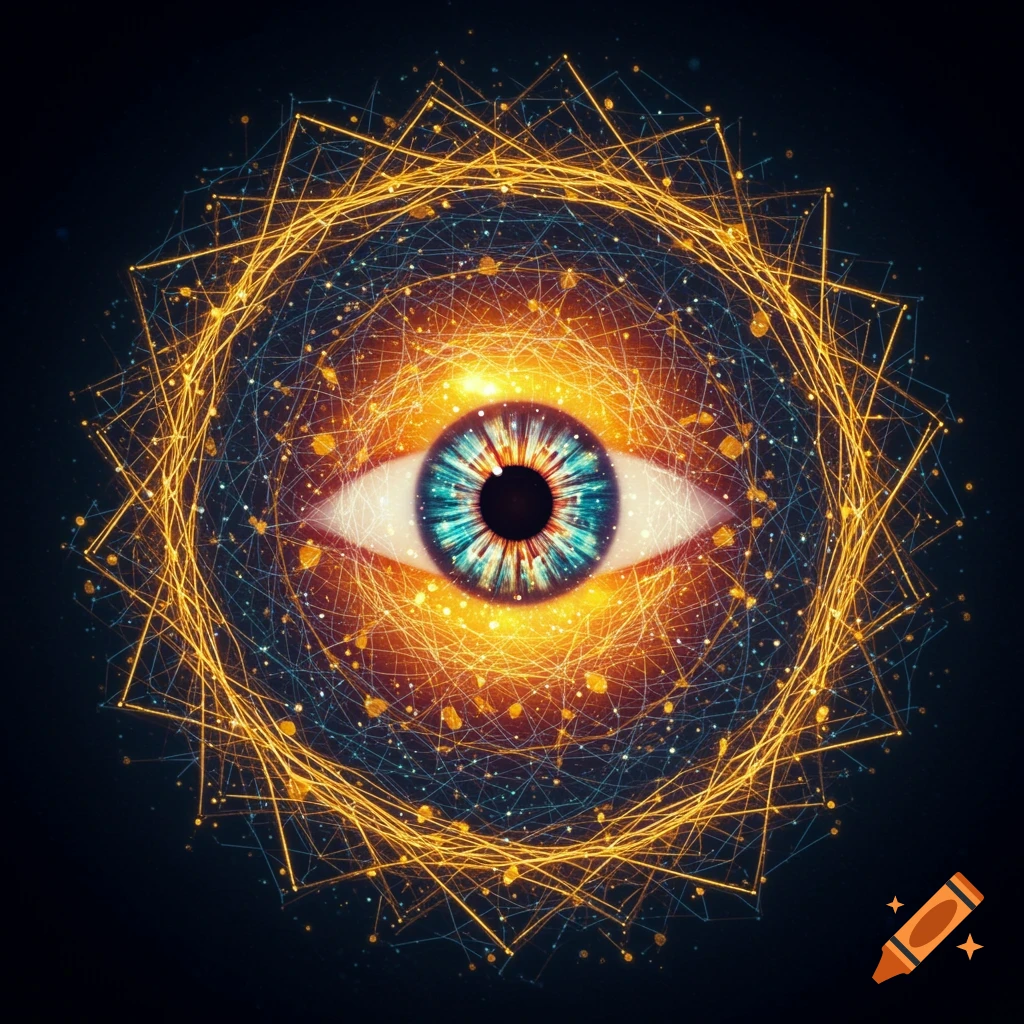 A detailed eye with a blue and teal iris at the center of intricate, glowing golden and blue abstract lines and particles against a dark background.