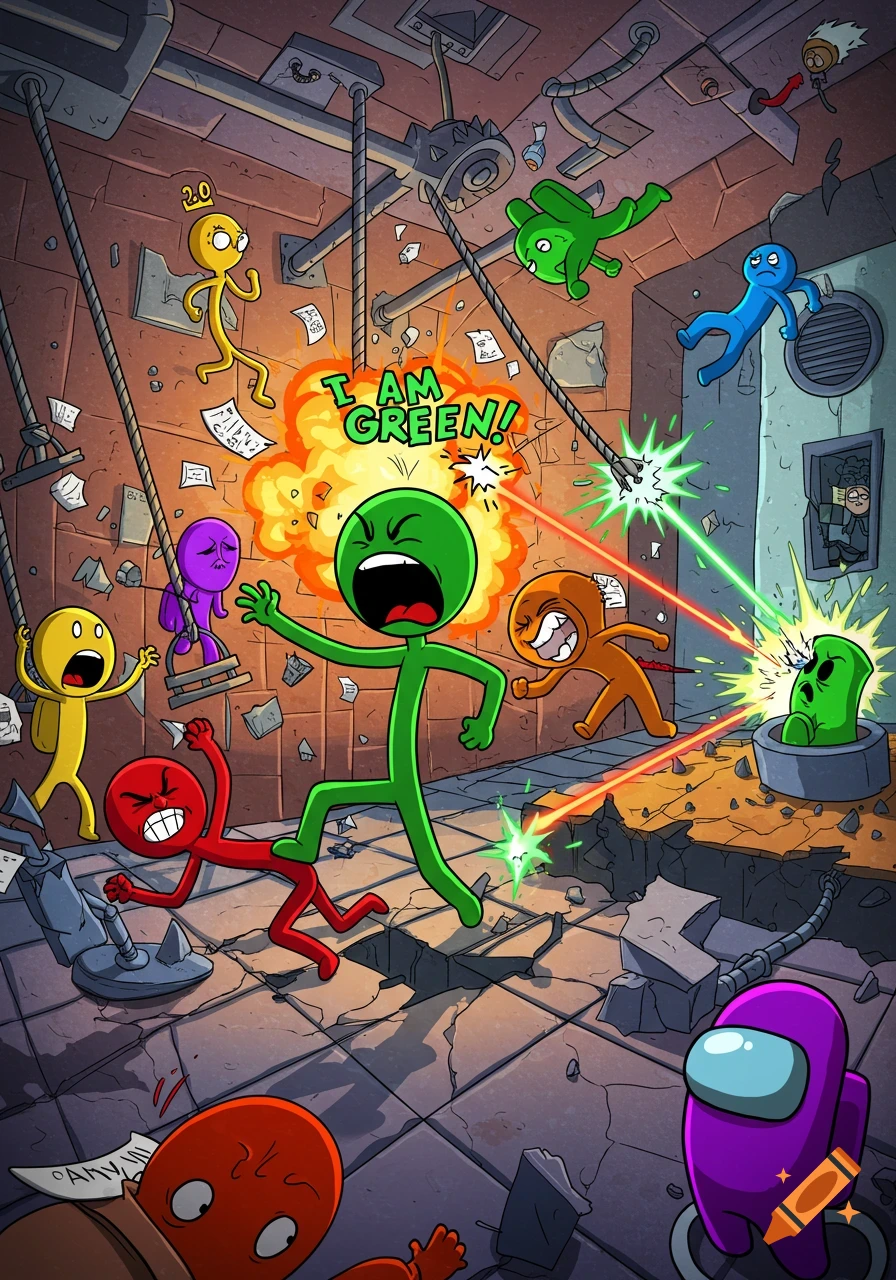Chaotic cartoon battle with colorful stick figures and an Among Us character in a destroyed room, featuring explosions and lasers.