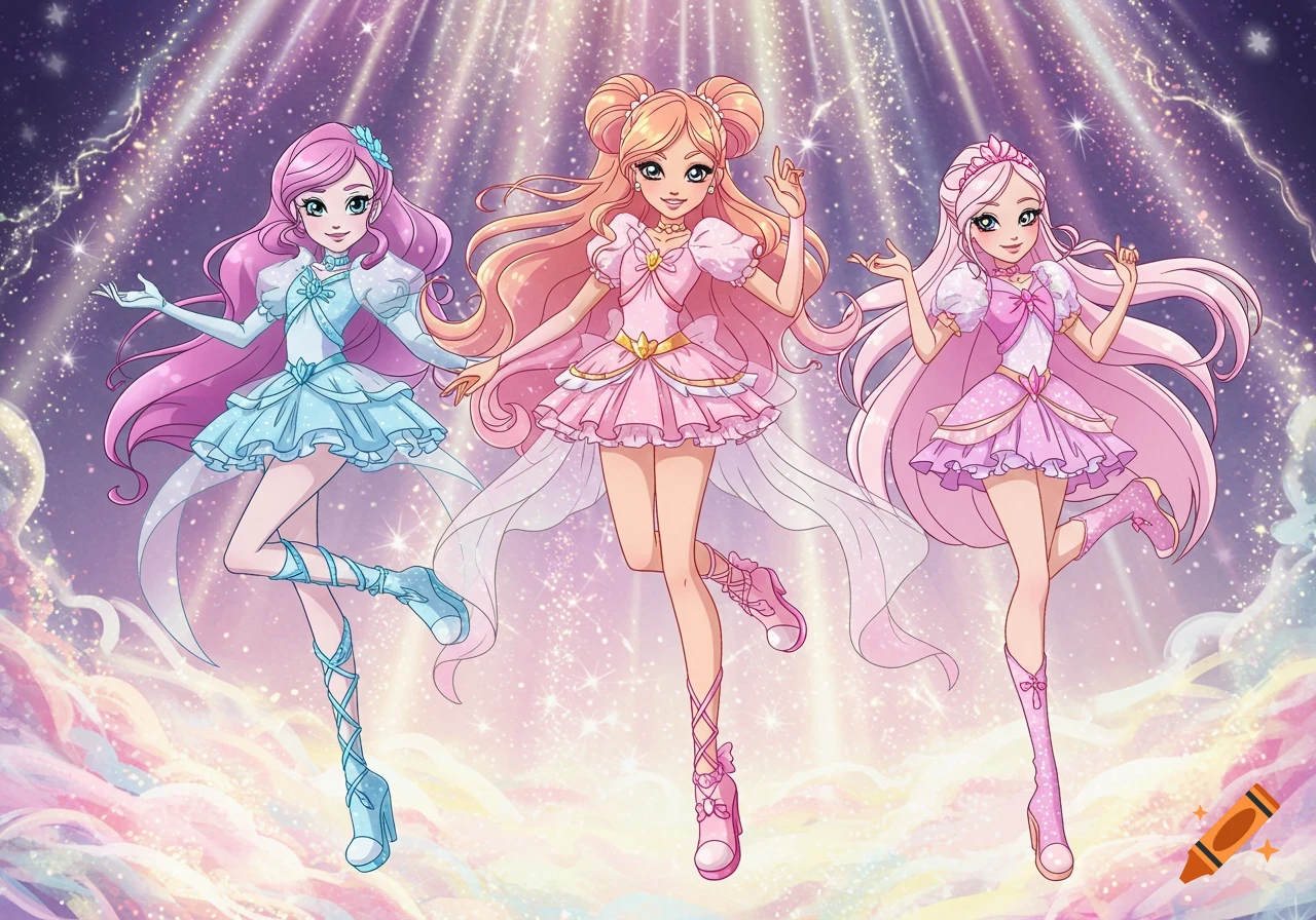 Three anime-style magical girls in pastel dresses with long, flowing hair stand against a sparkling, ethereal background.