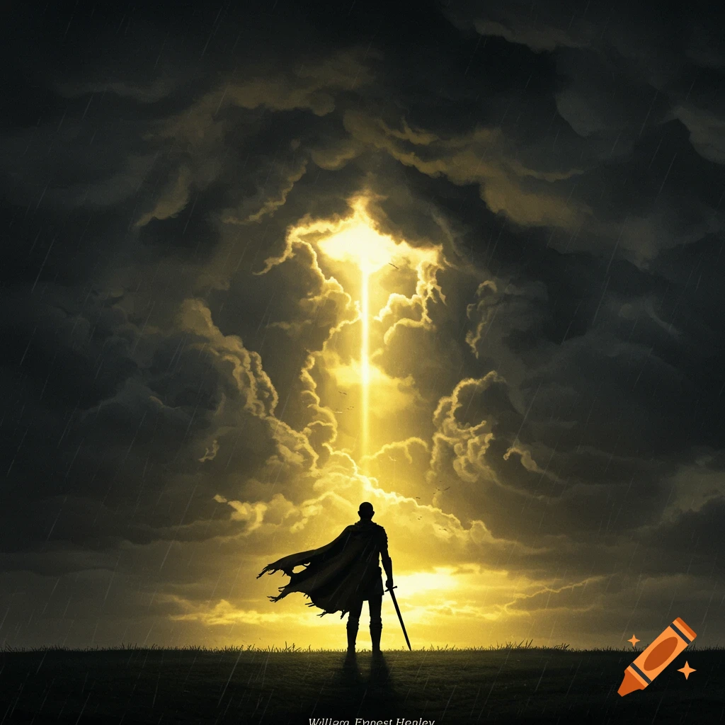 An illustration of a silhouetted figure with a sword on a hill, looking at a dramatic stormy sky with a bright light beam.