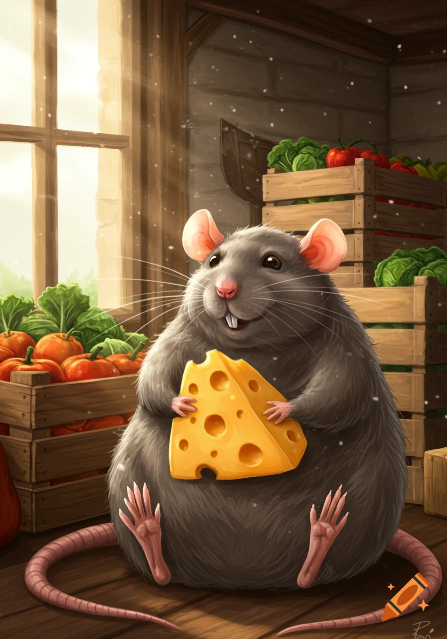 A cute, plump rat happily holding a large wedge of Swiss cheese, sitting in a barn with crates of vegetables.
