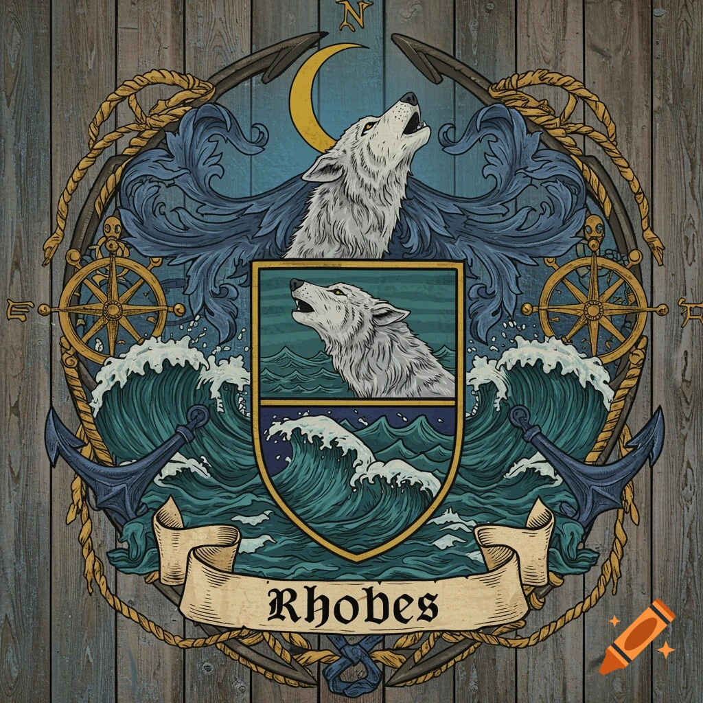An intricate maritime-themed emblem featuring two howling wolves, anchors, waves, compass rose, and the name 'Rhobes' on a banner, set against a wooden background.