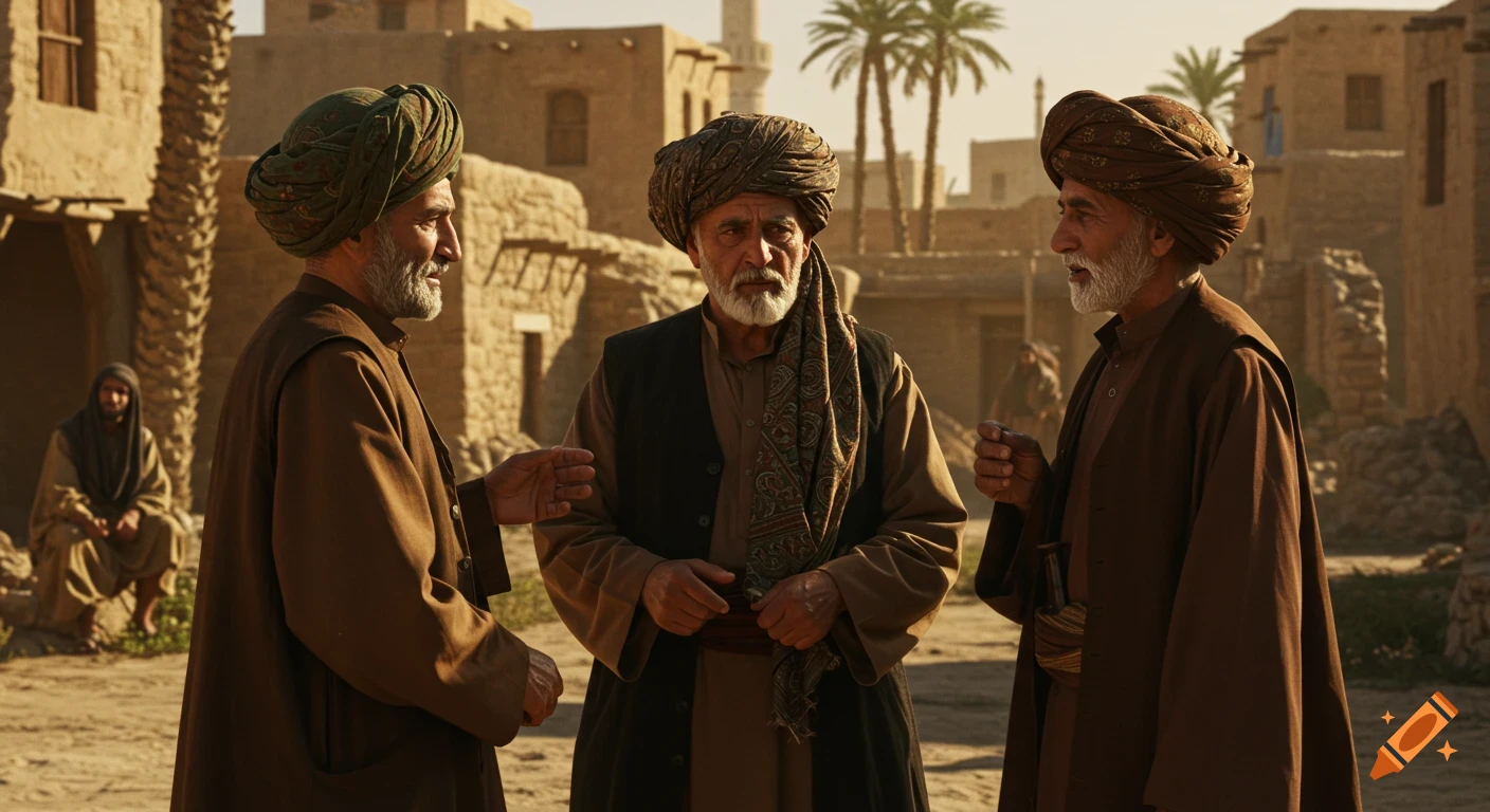 Three older men in traditional robes and turbans converse in a sunlit, historic desert town with mud-brick buildings and palm trees.