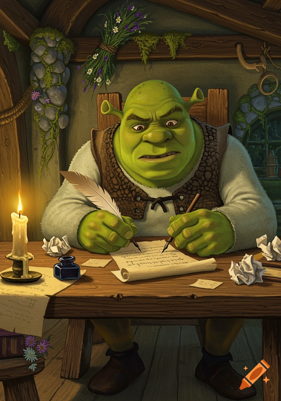 Shrek, a green ogre, sits at a wooden desk by candlelight, struggling to write on parchment with a quill pen.