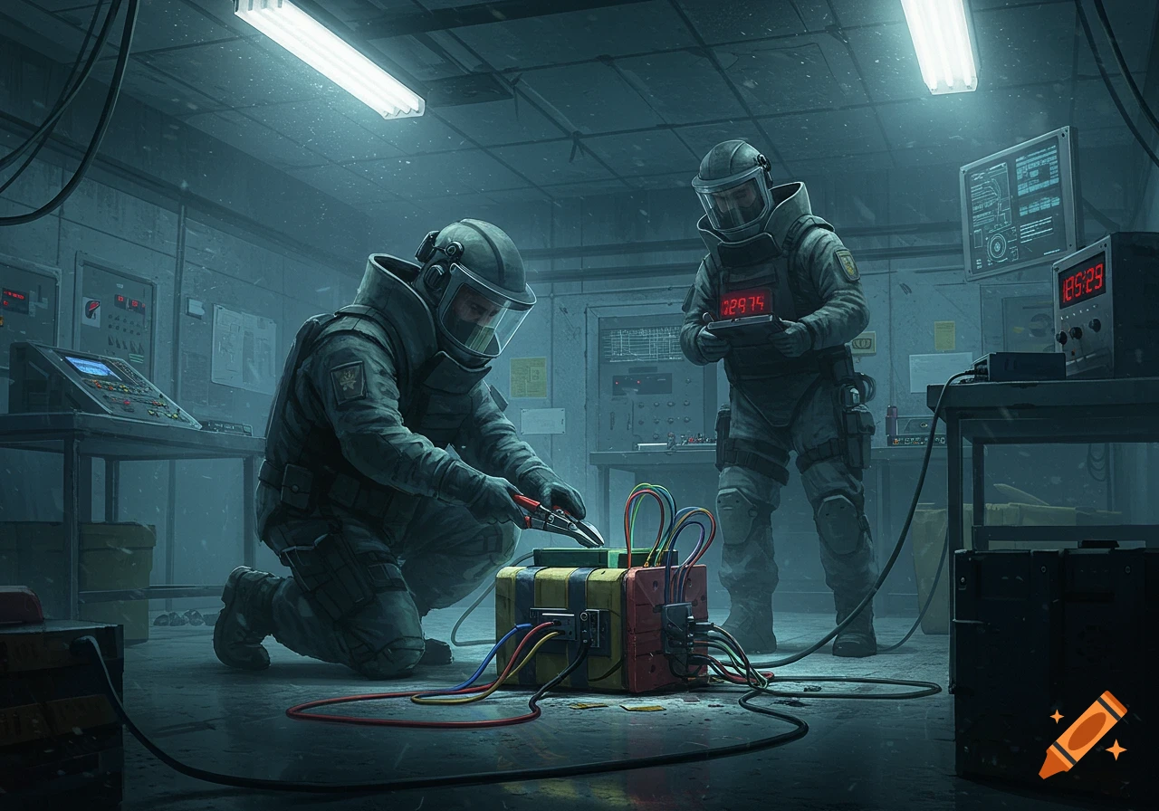 Two men in heavy bomb disposal suits work in a cold, industrial room. One kneels to cut wires on a box with colorful wires, while the other stands holding a device with a digital display.