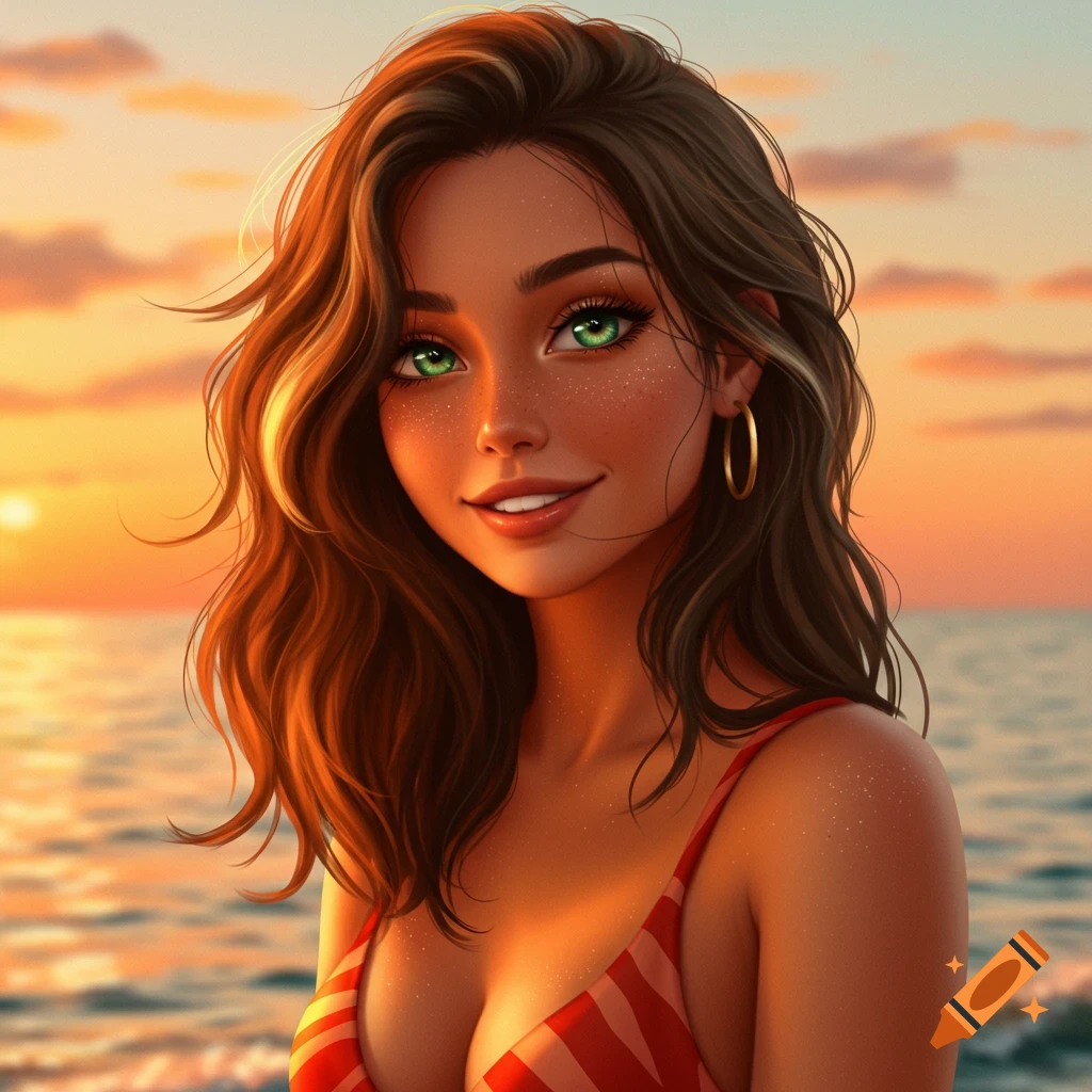 Stylized portrait of a smiling woman with green eyes and brown hair, wearing a striped swimsuit, at sunset on a beach.
