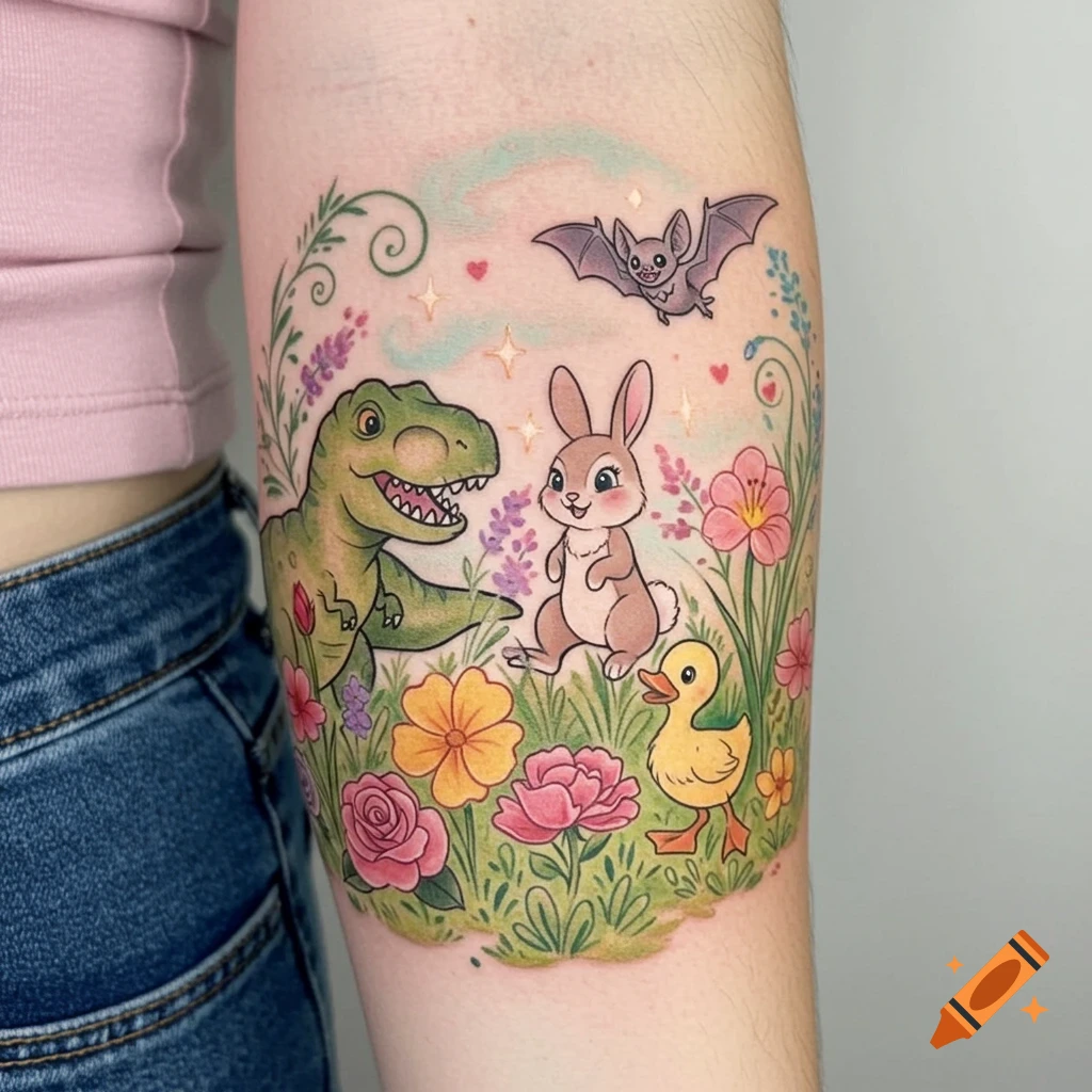 Whimsical cartoon tattoo on an arm featuring a T-Rex, bunny, duckling, and bat among colorful flowers.