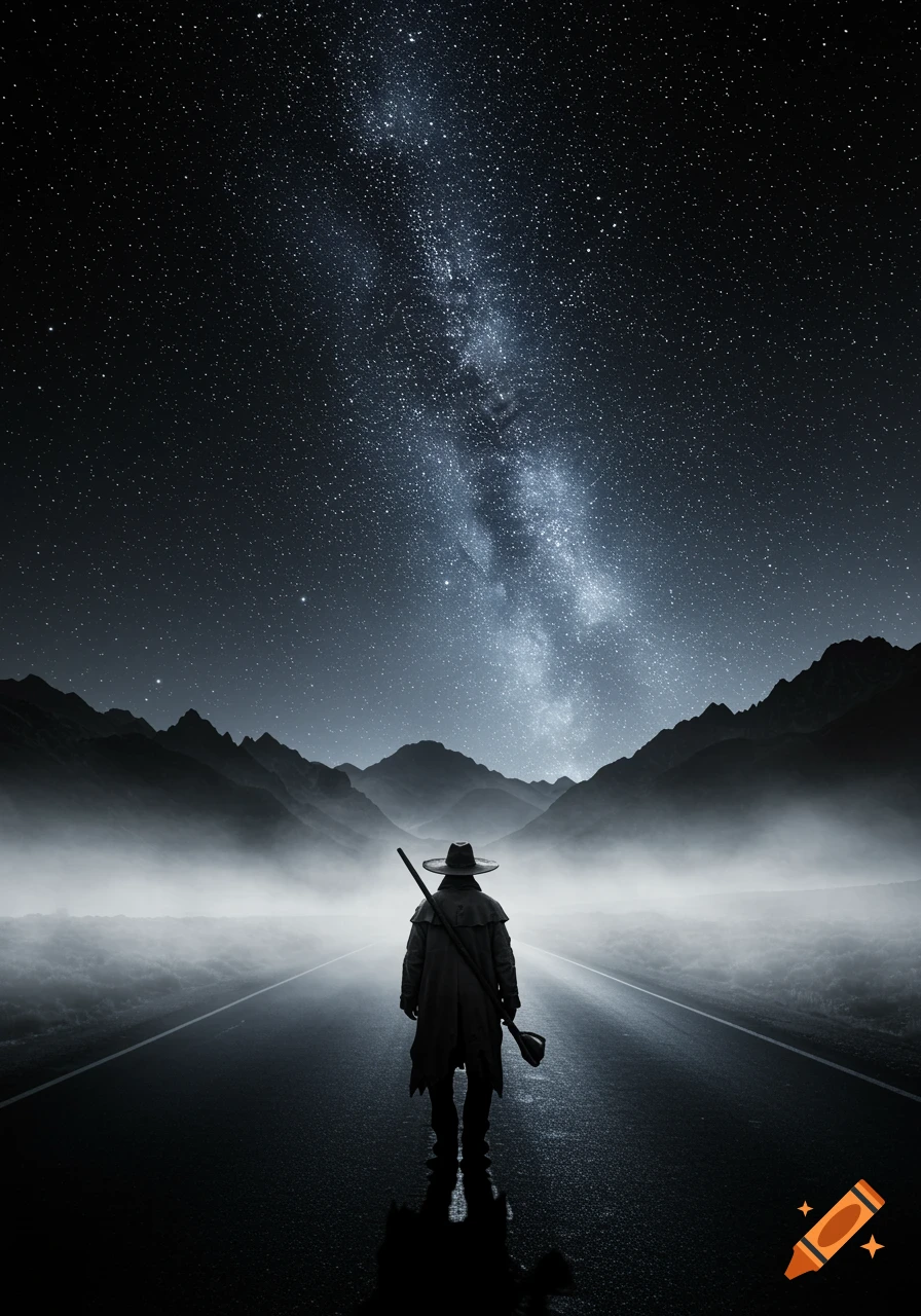 A lone vagabond walks down a misty road towards distant mountains under a dramatic starry night sky and Milky Way.