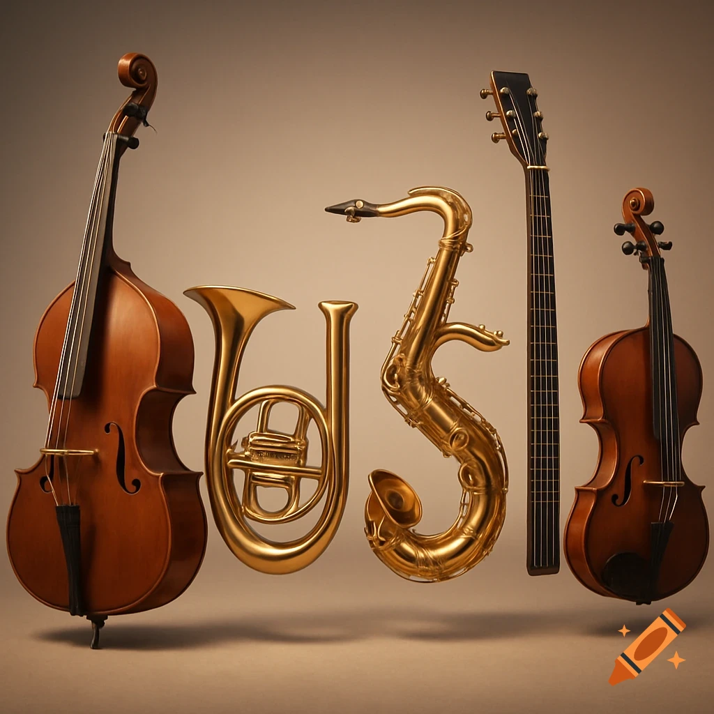 Musical instruments, including a cello, French horn, saxophone, and violin, arranged to spell out the word 'MUSIC'.