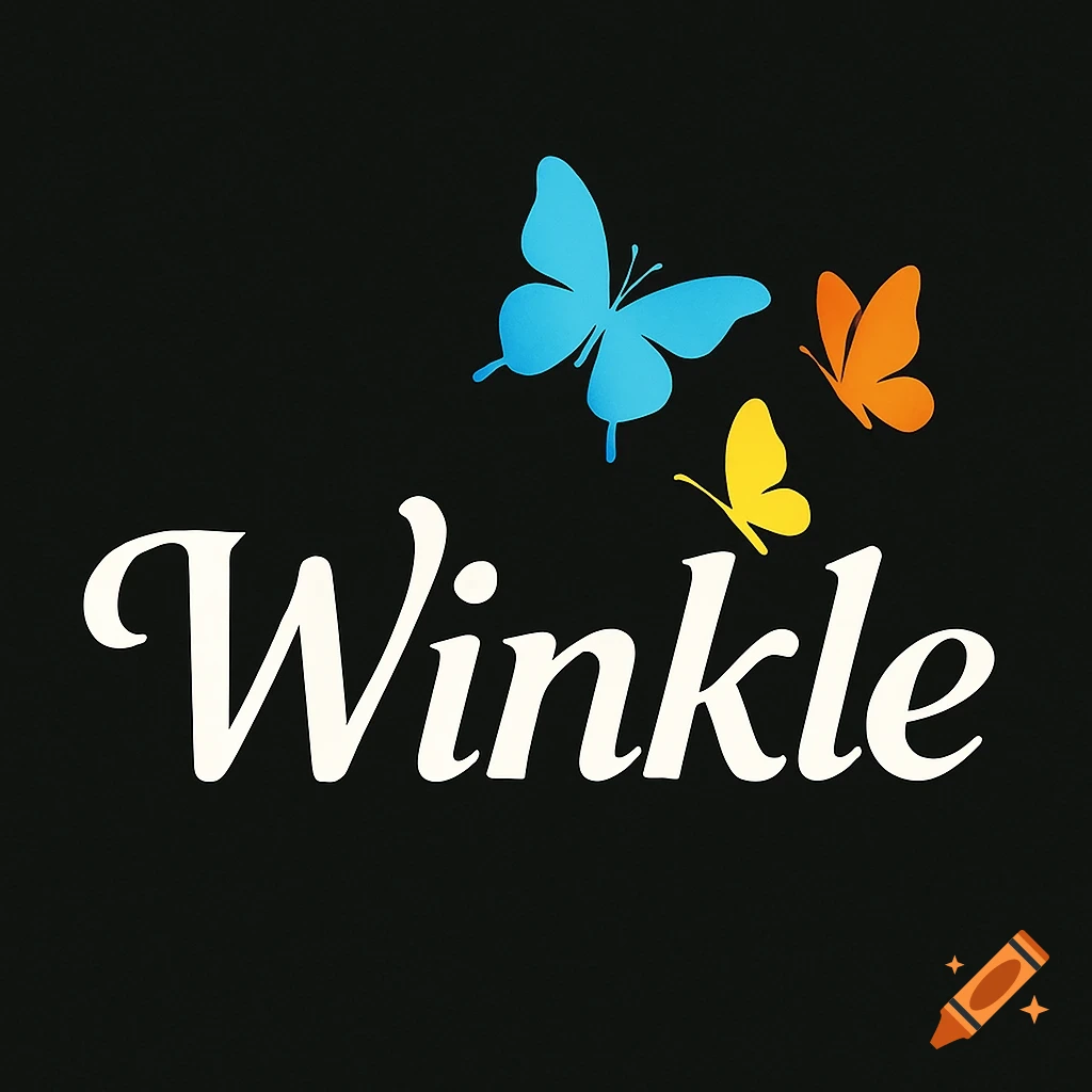 Logo with the word 'Winkle' in white script, featuring three colorful butterflies (blue, orange, yellow) on a black background.