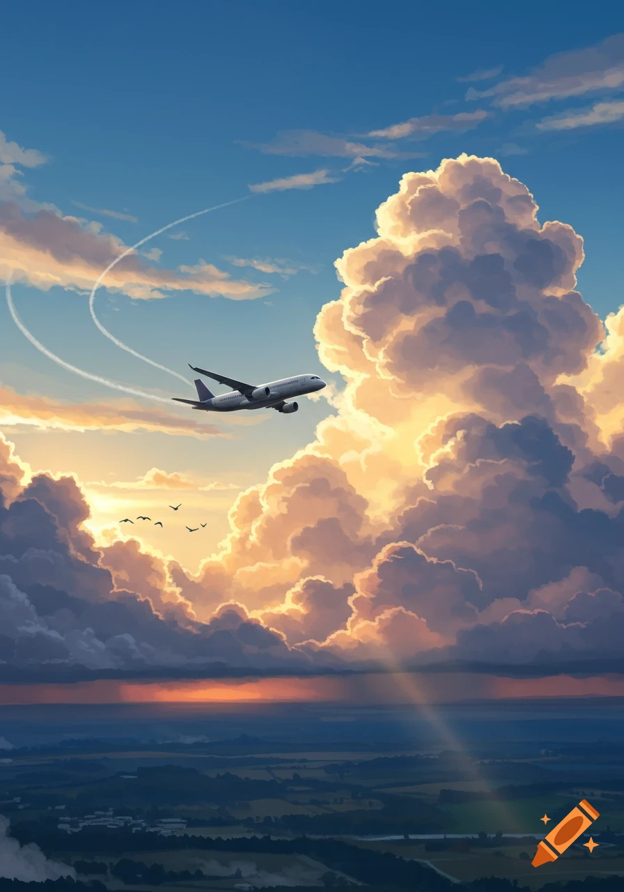A plane flies through dramatic, golden-lit clouds over a vast landscape under a blue sky at sunset.