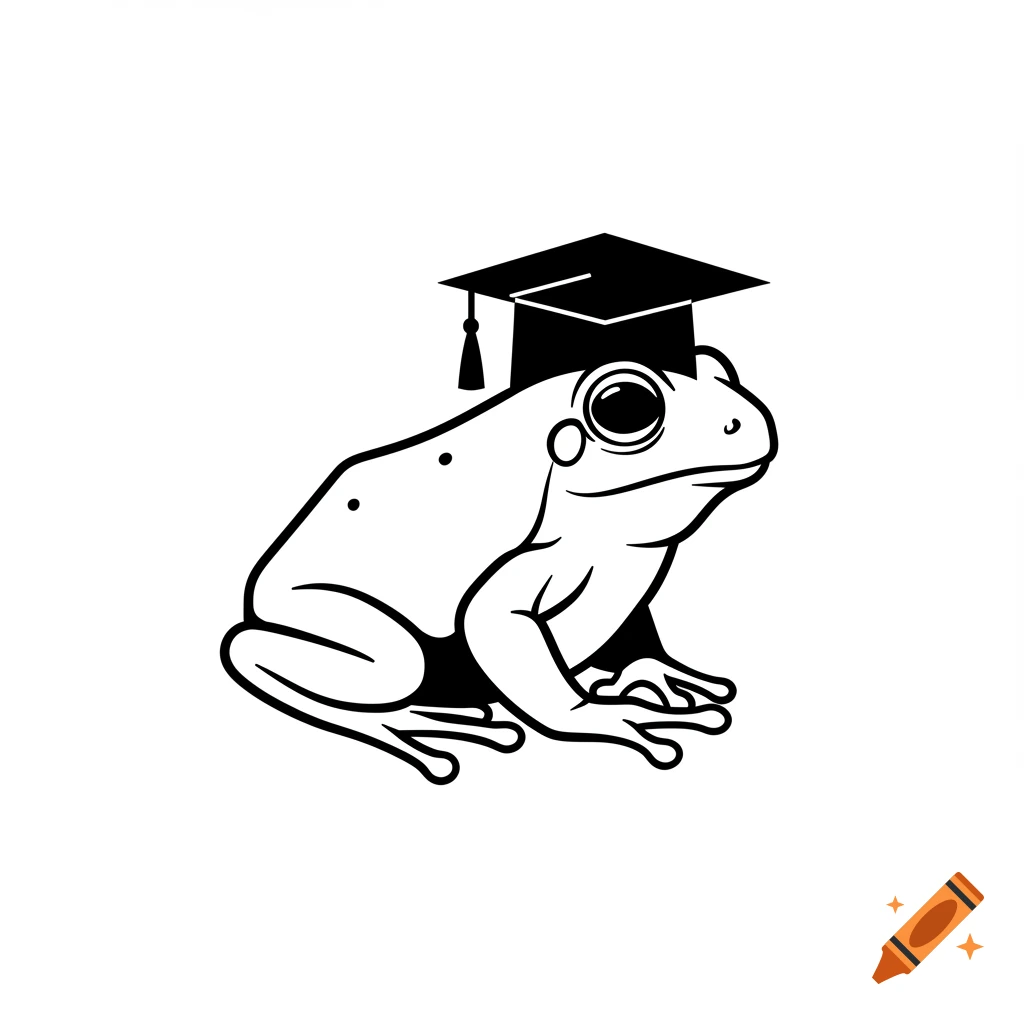 Black and white icon of a frog wearing a graduation cap.