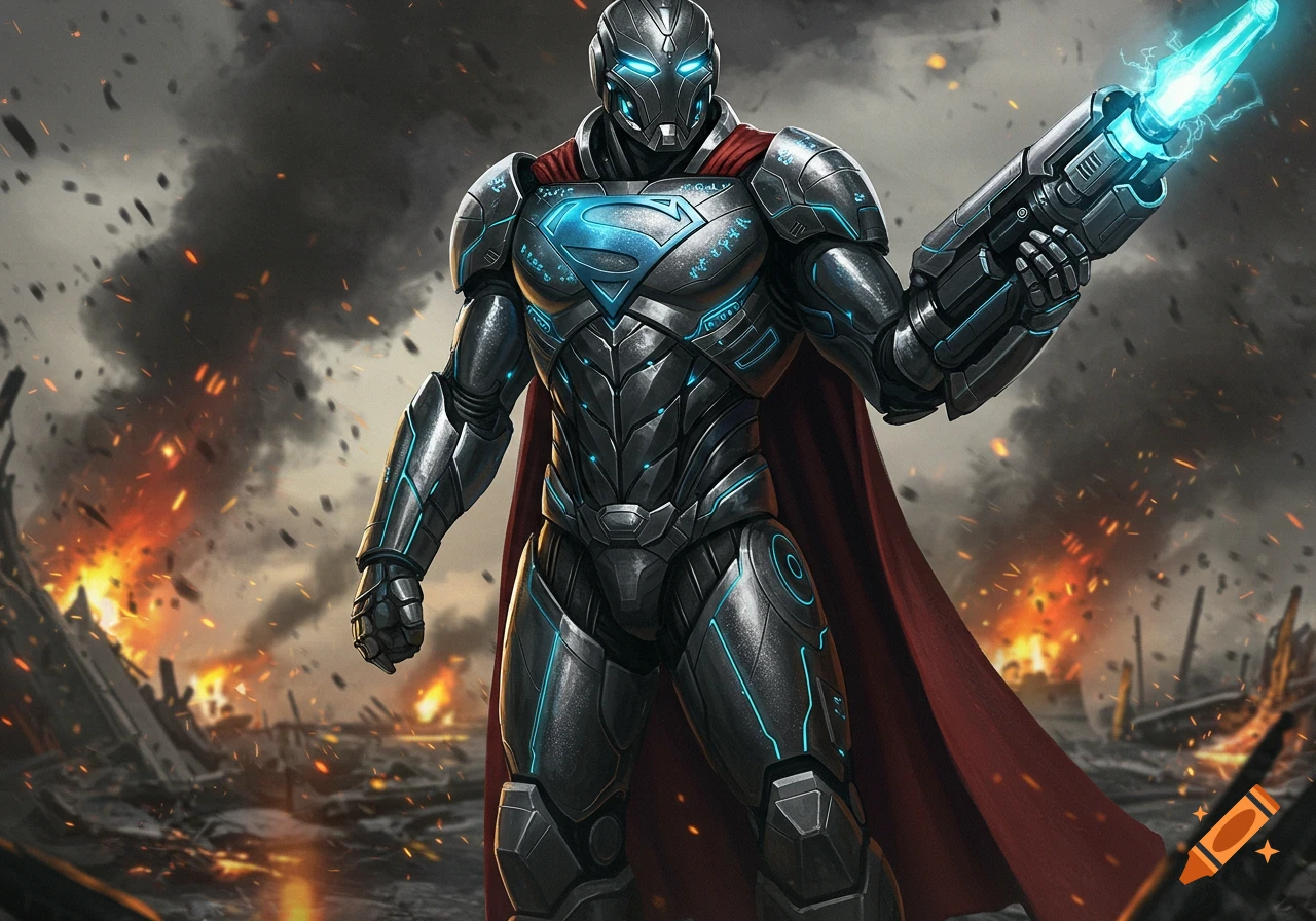A humanoid robot in black and silver armor with a red cape and a glowing blue plasma cannon stands in a war-torn landscape with fire and smoke.