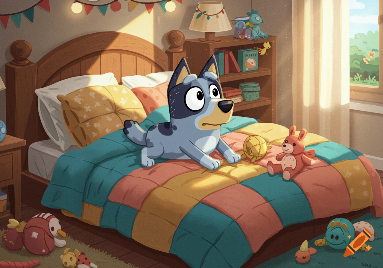 A cartoon Bluey character, a blue dog, lies on a colorful patchwork bed in a sunlit bedroom with various stuffed toys.