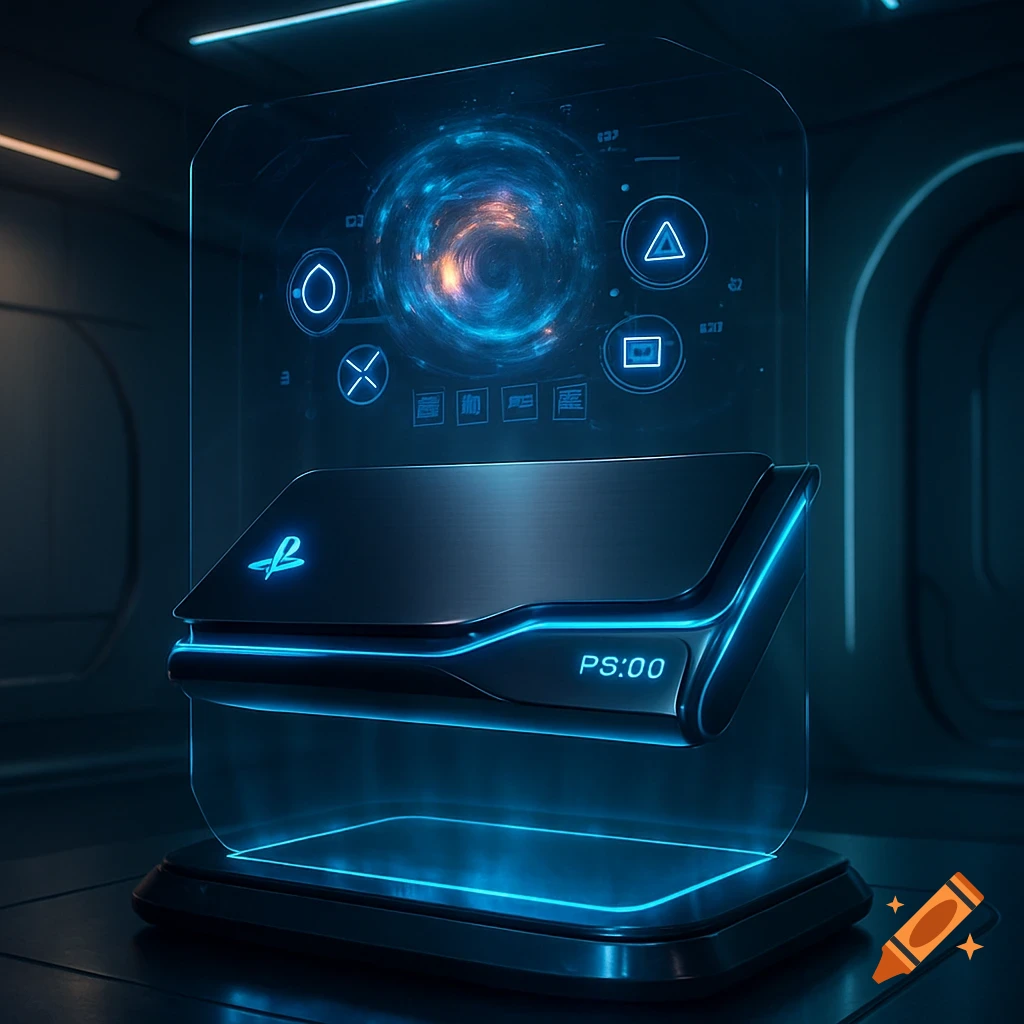 A futuristic black gaming console with neon blue lights and a holographic display showing a swirling nebula and glowing symbols.