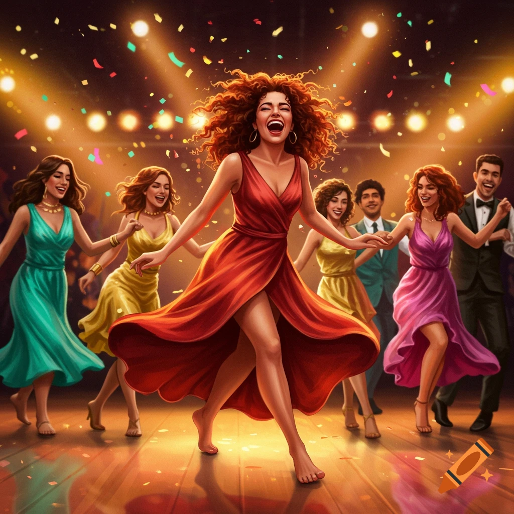 A group of joyful people dancing barefoot on a stage under bright lights and falling confetti, led by a woman in a flowing red dress.